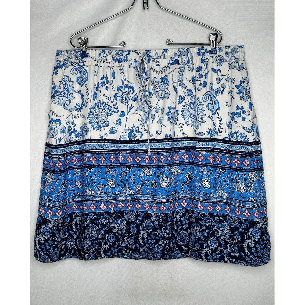 LOFT Plus Blue Floral Paisley Print Mini Skirt Size 16 Elastic Waist Pockets